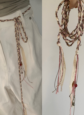 Amotional编织腰绳细款 粉棕米装饰腰链民族风女百搭时尚简约夏季