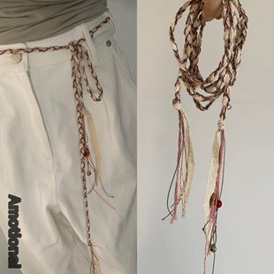 Amotional编织腰绳细款 粉棕米装饰腰链民族风女百搭时尚简约夏季
