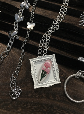 Amotional花花相框项链长款挂饰小众设计感原创叠戴礼物复古风