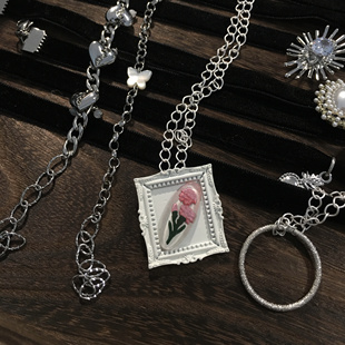 Amotional花花相框项链长款挂饰小众设计感原创叠戴礼物复古风