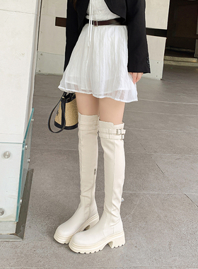 欧洲站真皮弹力靴秋冬季白色高筒过膝长筒靴女松糕底中跟皮靴子潮