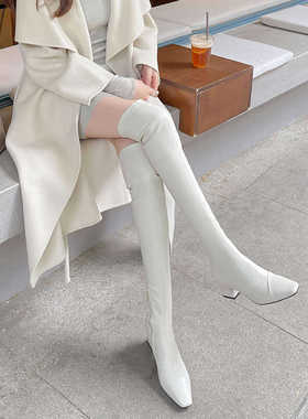 欧洲站米白色显瘦2025新款真皮粗腿过膝长靴女高跟方头高筒小个子
