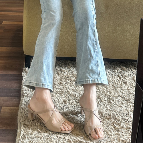 欧洲站漆皮高跟软底女士一字拖