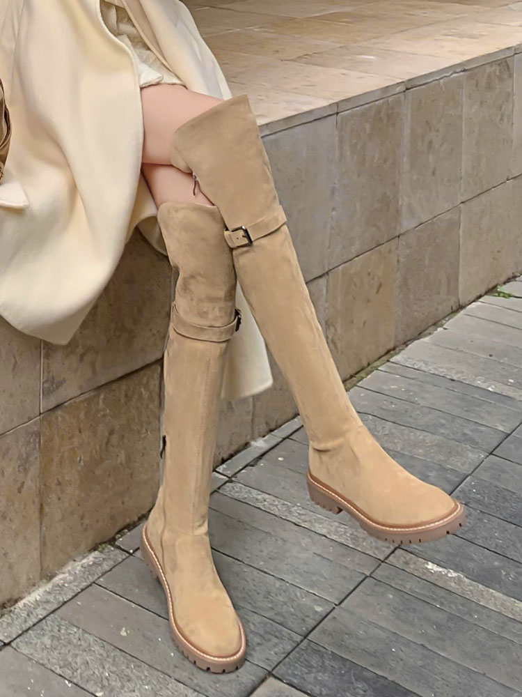 平底过膝靴圆头显瘦真皮