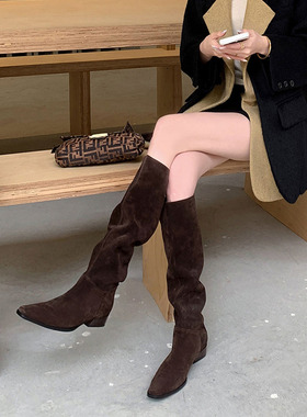欧洲站方头牛翻皮显瘦褶皱堆堆靴平底不过膝长靴女高筒骑士靴真皮