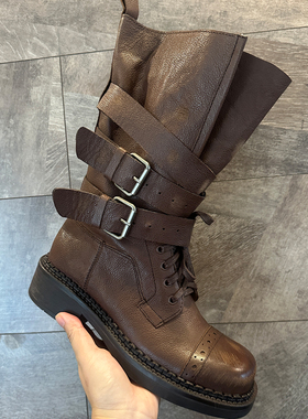 秋冬战损版真皮复古擦色厚底短筒骑士靴英伦风机车靴马丁靴西部靴