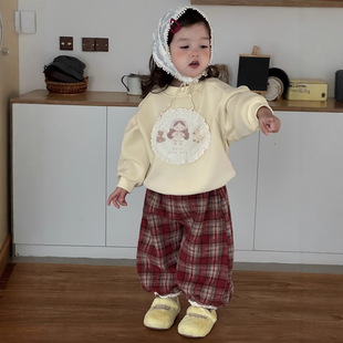 童装 子百搭2件套装 冬季 女宝宝加绒保暖卫衣格子休闲裤 新款 韩版