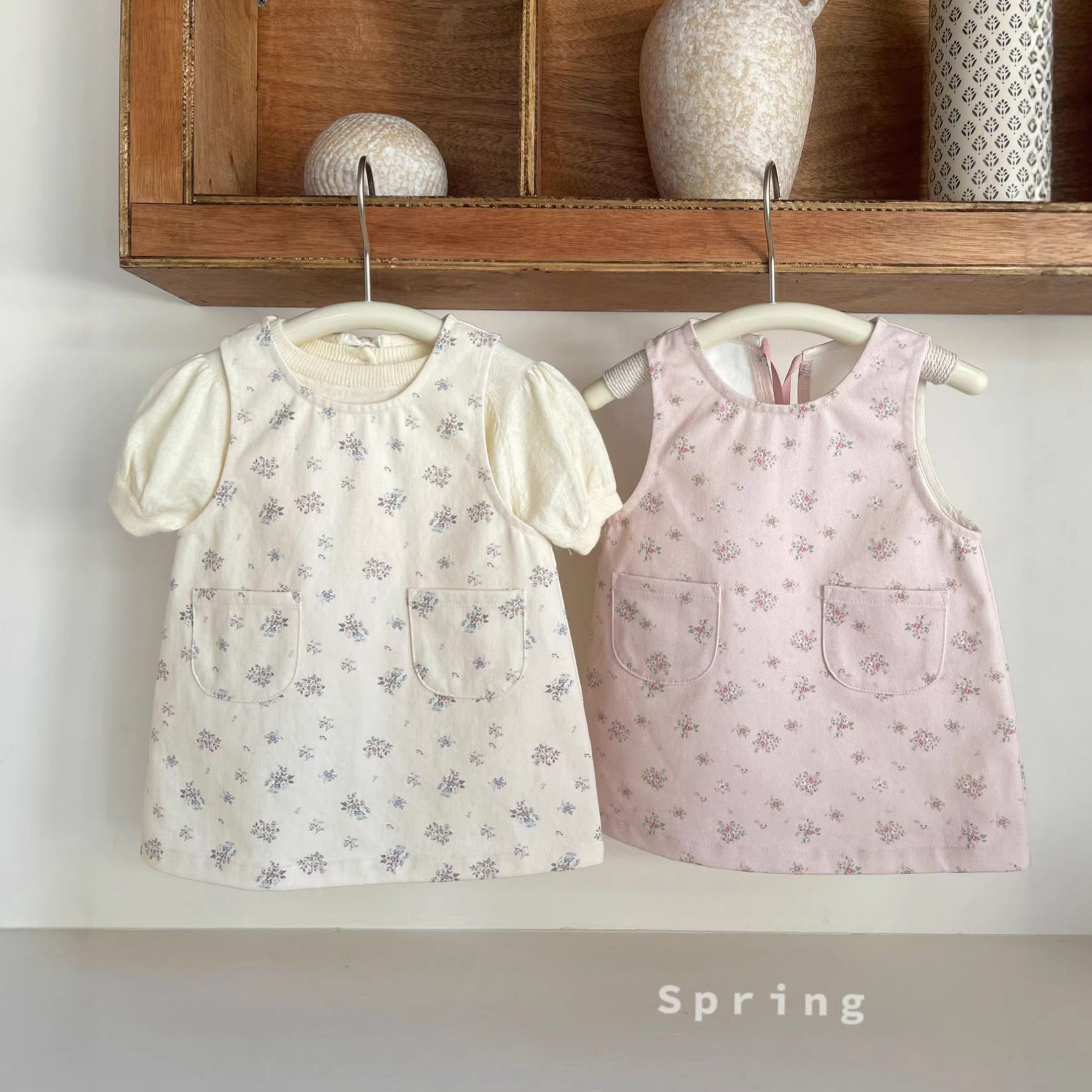 韩版童装 春夏新款 女宝宝碎花纯棉圆领背心裙 小童A字裙短袖套装