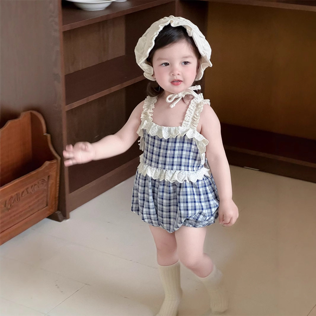 夏季女宝宝A类纯棉格子吊带哈衣