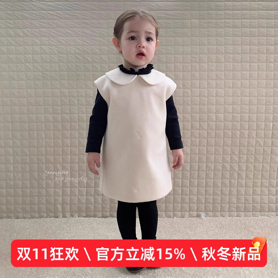 韩版童装 秋季衣服 女童毛呢背心裙女宝宝温柔洋气刺绣呢料连衣裙
