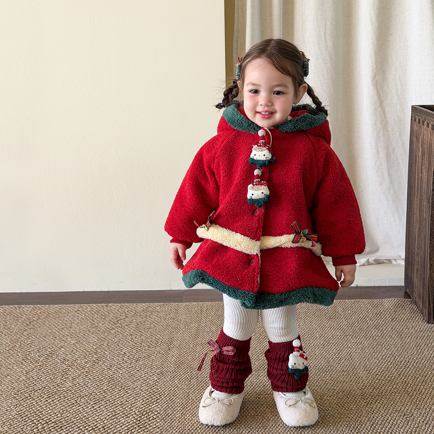 韩版女宝宝大红色圣诞加绒外套