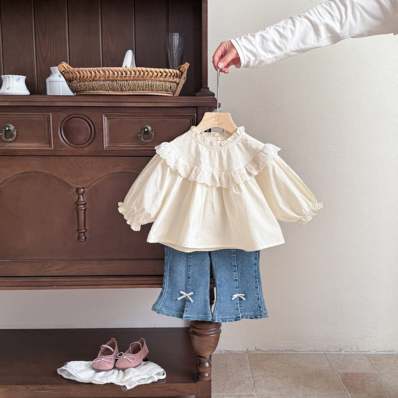 韩版童装 春新款 女宝宝花边领长袖衬衫 小童牛仔喇叭裤可爱套装