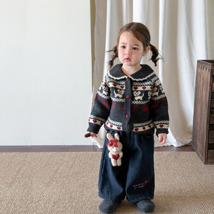 韩版童装女童套装加厚儿童衣服费尔岛毛衣针织衫裤子婴儿女宝冬装