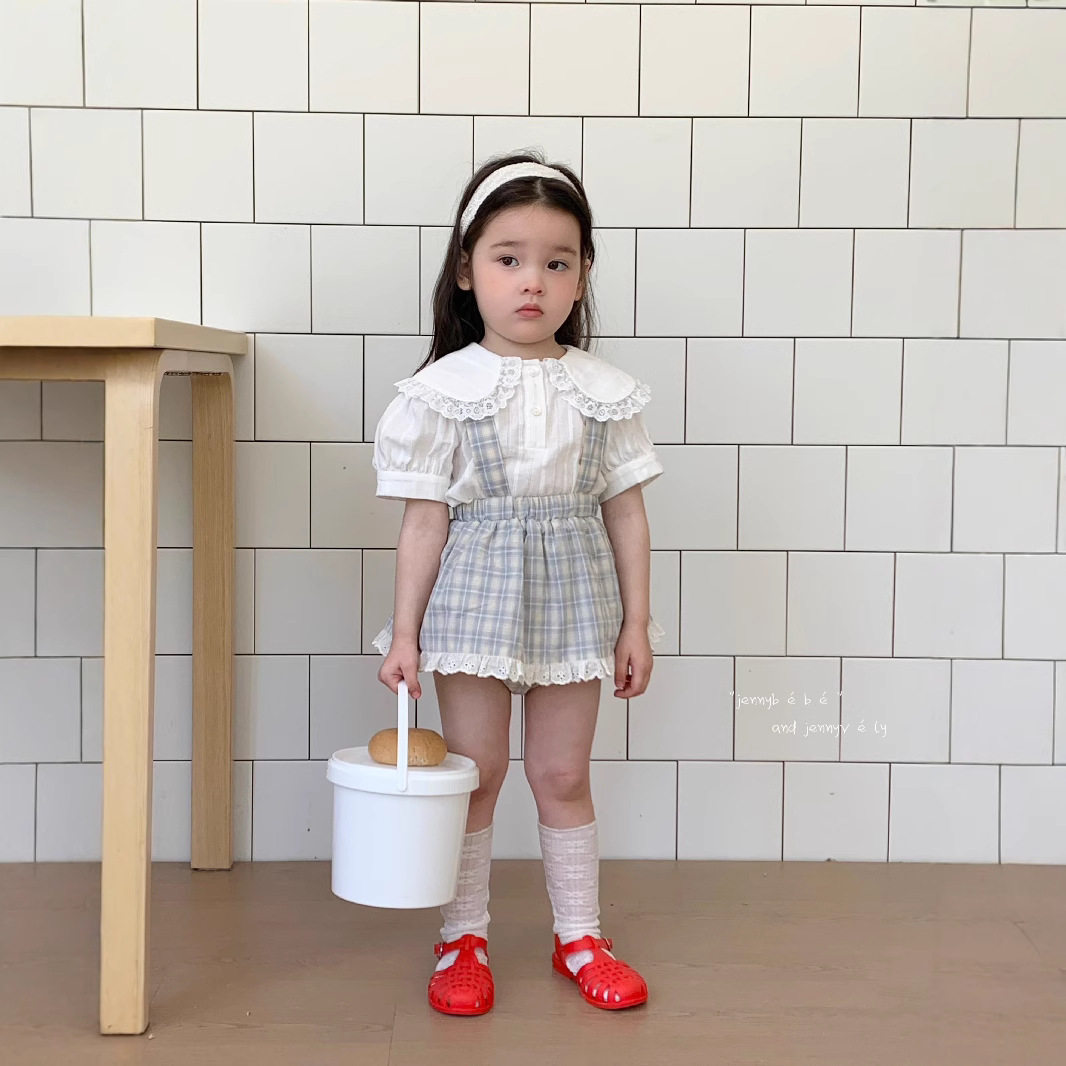韩版童装 夏季新款 宝宝套装女童短袖衬衫两件套格子背带包屁裙