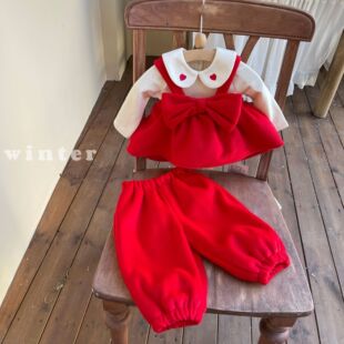韩版童装 冬季新款 新年衣服女宝宝夹棉红色背带裤套装圣诞礼服