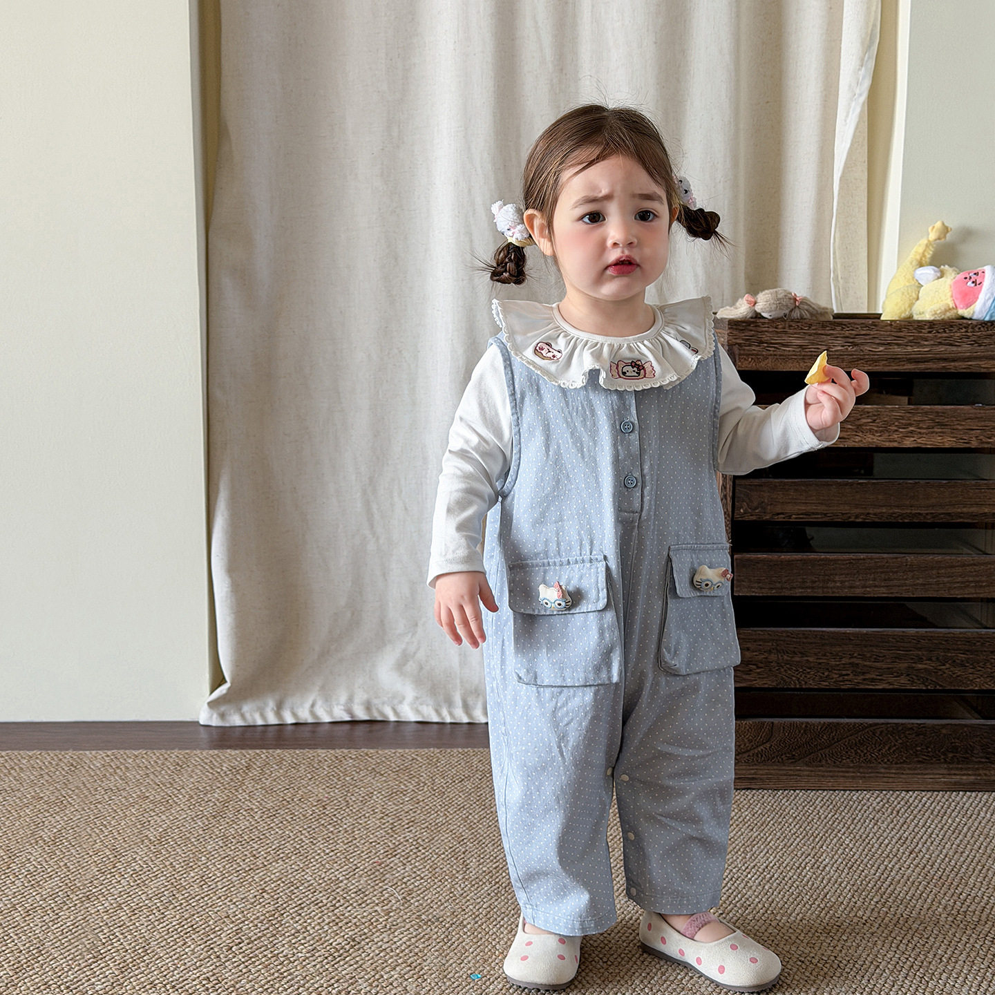 韩版童装 春新款 女宝宝荷叶领长袖上衣 牛仔背带裤幼儿无袖爬服