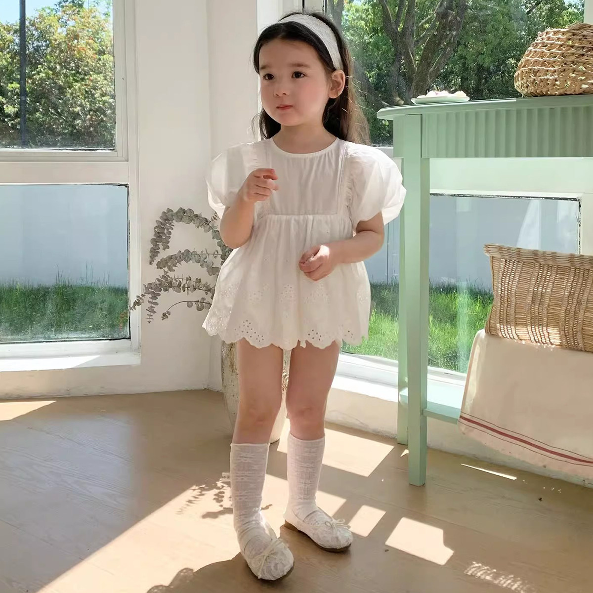 女宝宝夏装连体衣韩版婴儿衣服洋气泡泡袖爬服裙百天公主包屁