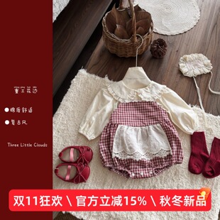 婴幼儿春秋女宝婴幼儿韩系复古红格子衬衫娃娃领套装上衣哈衣爬服