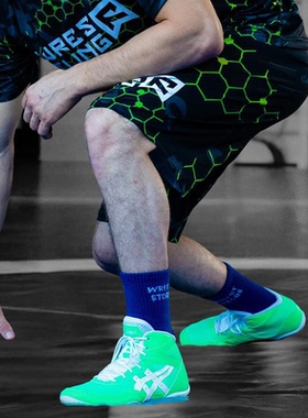 代购Asics MATFLEX 7亚瑟士荧光绿皮面专业摔跤鞋男士拳击训练鞋