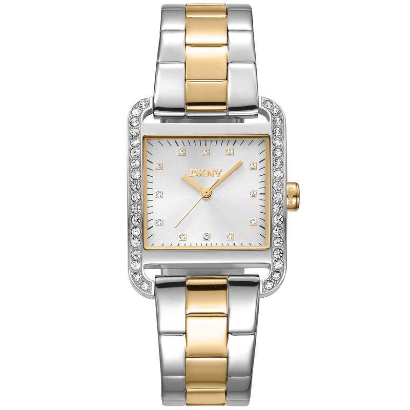 代购DKNY唐可娜儿女士腕表防水日历计时夜光钢带双色镶钻方形