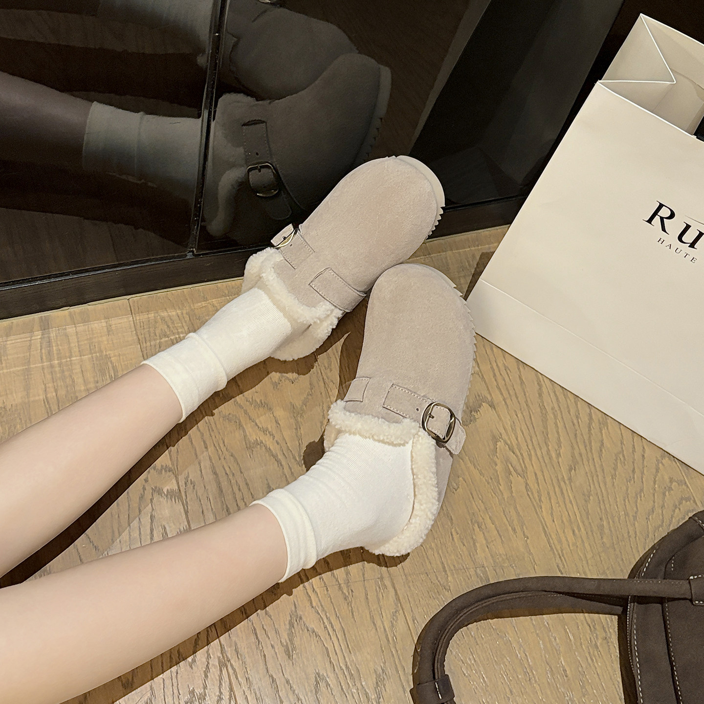 增高5.5厘米复古加绒真毛勃肯半拖女小码313233真皮外穿保暖拖鞋,女鞋,毛毛鞋,淘宝优惠券,粉丝福利购,淘宝优惠卷