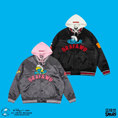 GRAF X SMURF【蓝精灵联名】情侣款夹棉缎面戴帽美式外套夹克
