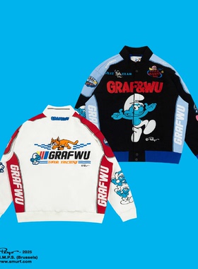 GRAF X SMURF【蓝精灵联名】重工多刺绣赛车贴布猫猫汽车夹克外套