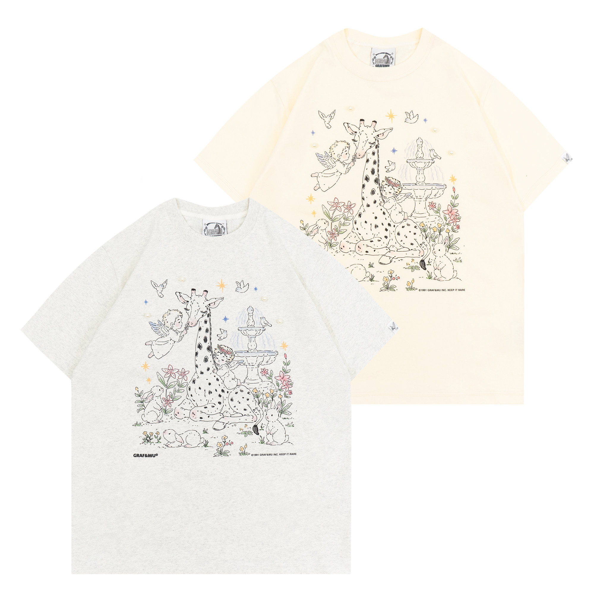 GRAF原创品牌珍珠和长颈鹿的花园小天使花卉手绘插画棉质舒适短袖