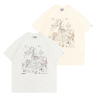 GRAF原创品牌珍珠和长颈鹿的花园小天使花卉手绘插画棉质舒适短袖