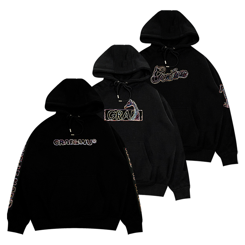 GRAF原创品牌五彩刺绣线条宽松秋冬街头宽松刺绣美式帽衫卫衣