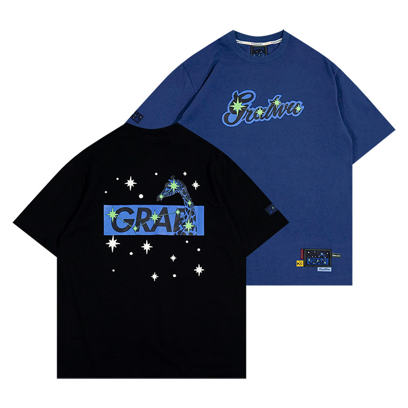 graf原创品牌12sign星座系列美式字母闪亮星星长颈鹿印花短袖t恤
