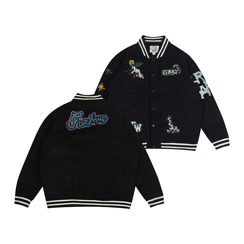 涂画美式刺绣毛呢GRAF棒球夹克