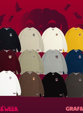 GRAF原创品牌【万圣狂欢】黑猫哥斯拉独角兽可爱鬼竹节纹长袖T恤