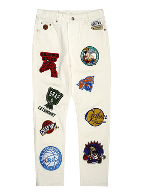 GRAF原创品牌GBA篮球联盟全明星大刺绣Patch休闲白色直筒牛仔裤
