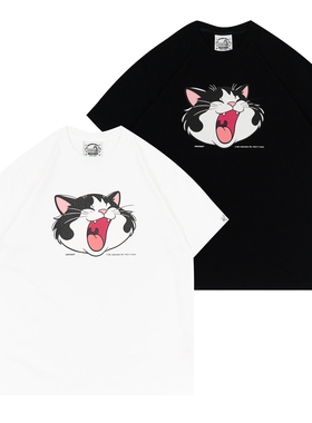 GRAF原创品牌奶牛猫咪打呵欠犯困复古裂纹美式黑白棉质印花短袖