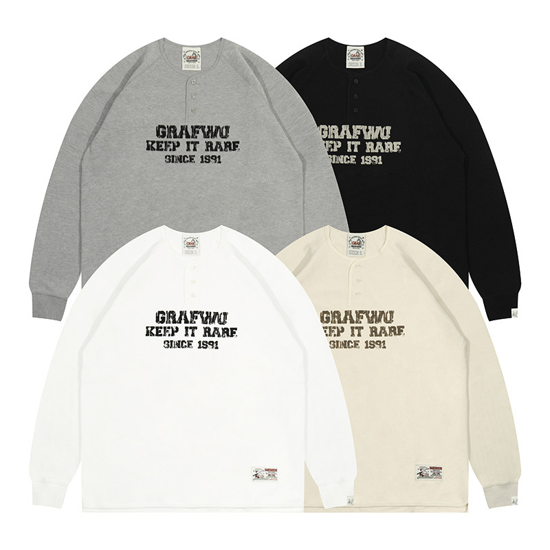 GRAF原创品牌【圆弧底摆】做旧字母打底百搭棉亨利领美式长袖T恤