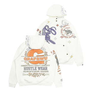 GRAF原创品牌【色彩斑驳】大G落叶花卉美式字母铜扣抓绒美式帽衫