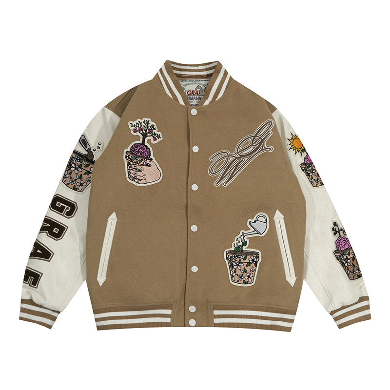 脑力毛巾绣皮袖GRAF原创棒球夹克