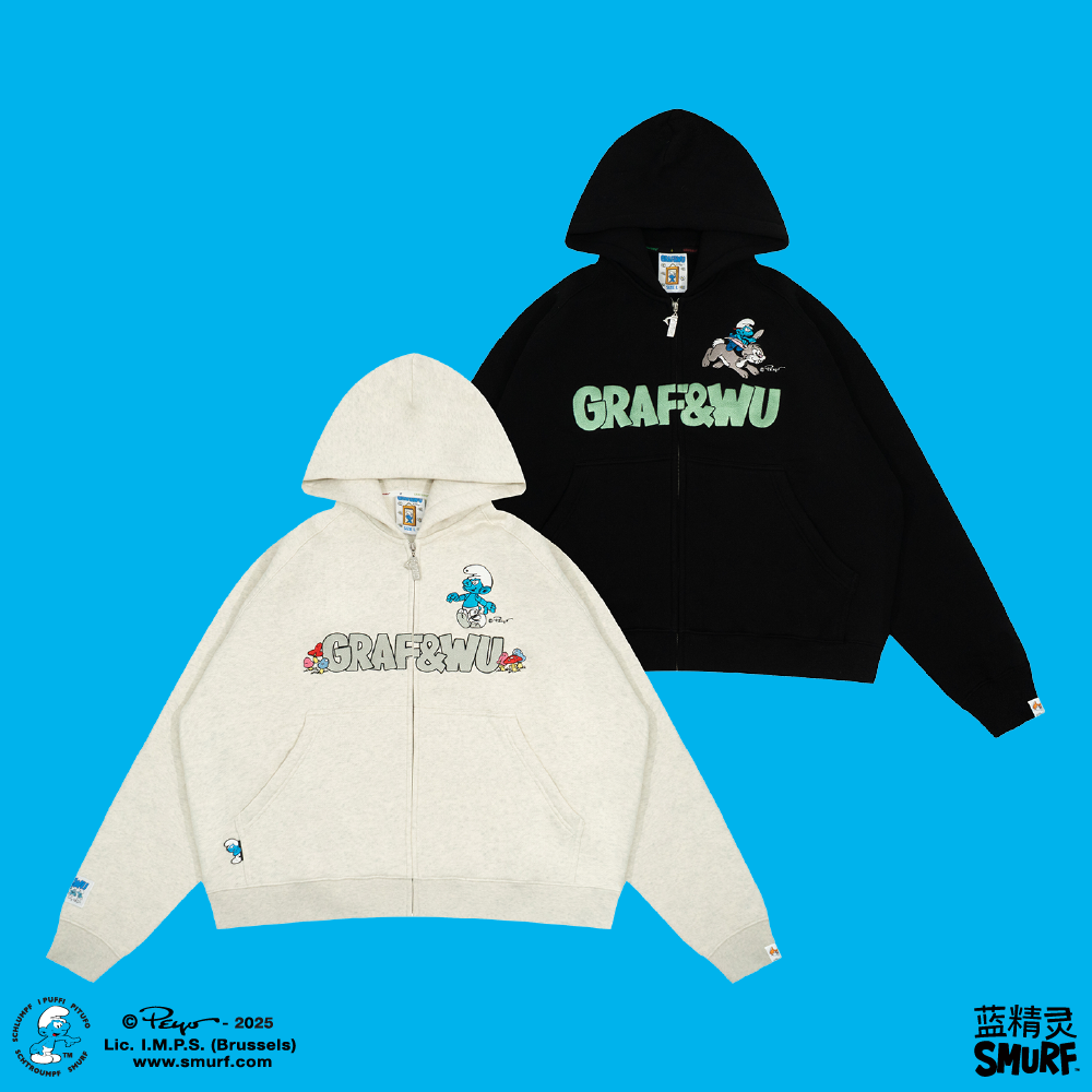 GRAF X SMURF【蓝精灵联名】骑兔子和机器人拉链加绒厚开衫帽衫