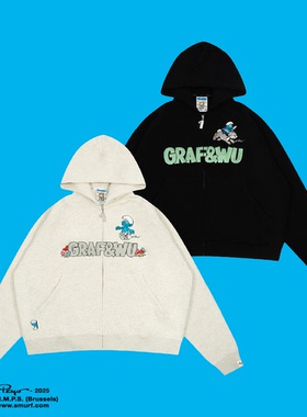 GRAF X SMURF【蓝精灵联名】骑兔子和机器人拉链加绒厚开衫帽衫