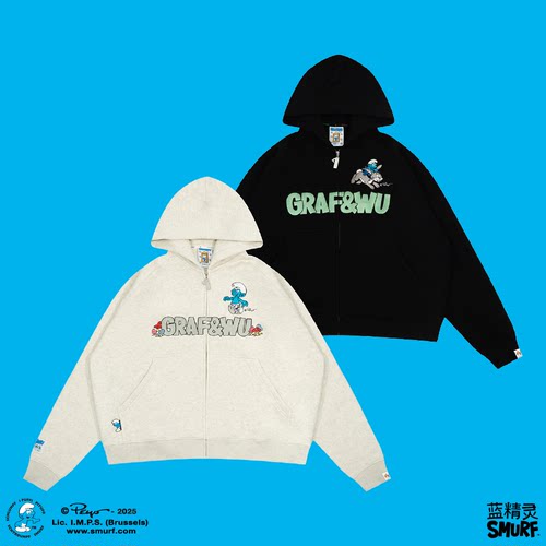 GRAF X SMURF【蓝精灵联名】骑兔子和机器人拉链加绒厚开衫帽衫