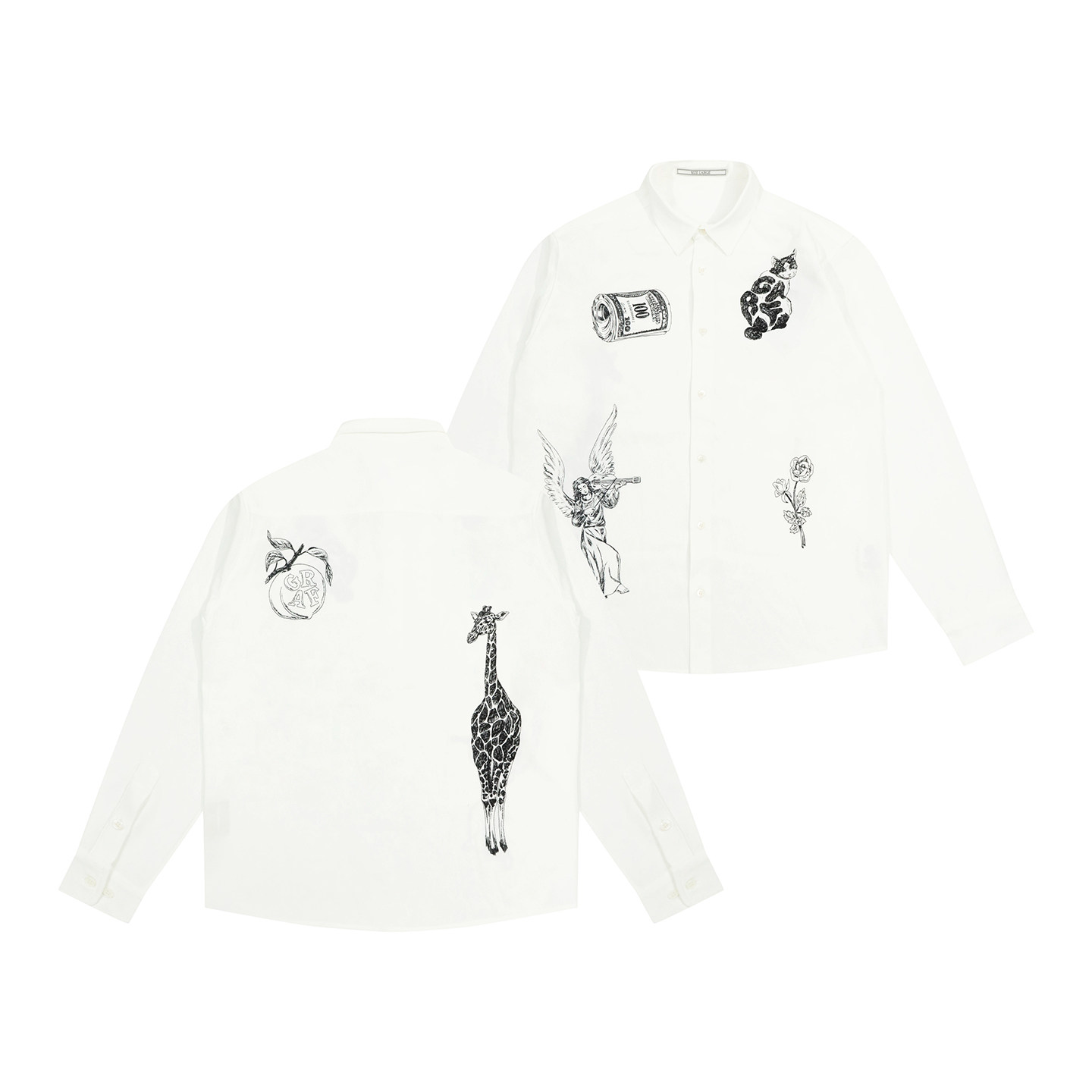 GRAF原创品牌【TheRemix】面料混音系列手绘奶牛猫长颈鹿美金衬衣