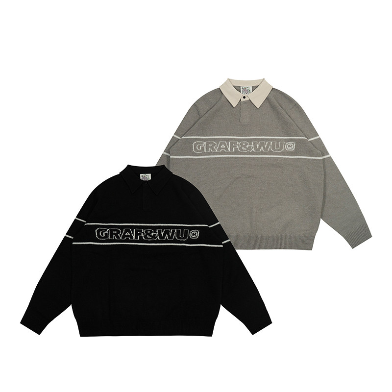 黑白美式毛衣原创字母羊毛翻领