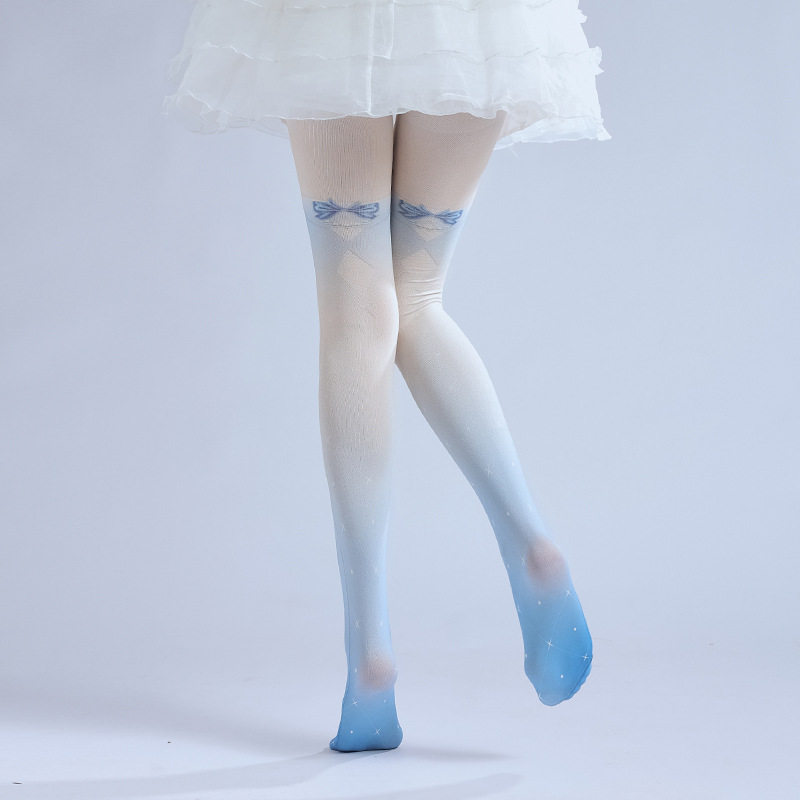 渐变蓝色印花连裤袜 蝴蝶结JK搭配打底袜 日系萝莉少女袜子可爱袜