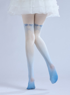 渐变蓝色印花连裤袜 蝴蝶结JK搭配打底袜 日系萝莉少女袜子可爱袜
