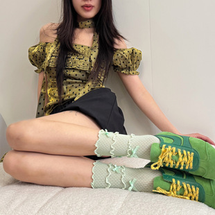 新品可露丽糖果色多巴胺少女三道木耳花边蝴蝶结渔网袜短袜堆堆袜