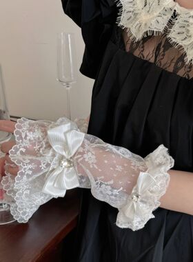PATTKIN  洛丽塔甜美爱心钻蕾丝花边手套，蝴蝶结装饰手工钻袖套