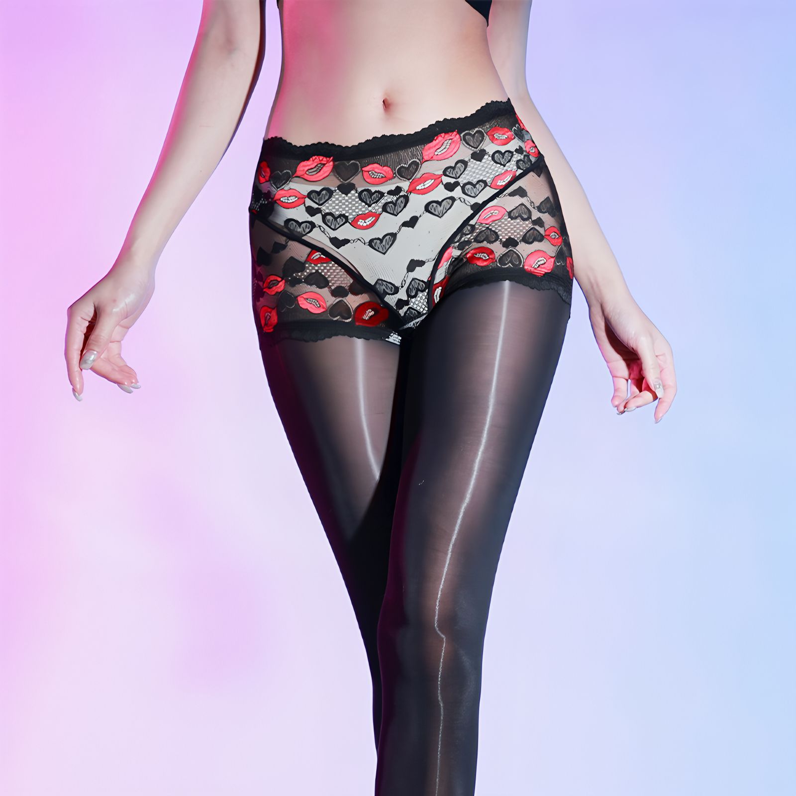 性感唇印蕾丝内裤一体式丝袜油亮丝滑马油袜纯欲诱惑开裆黑丝女士