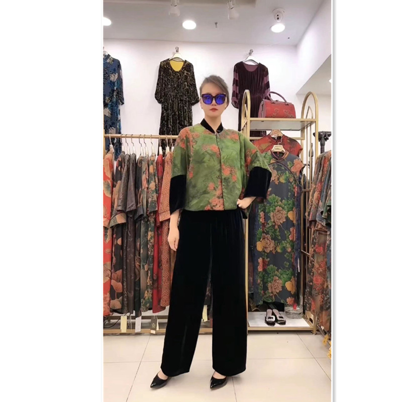 2023秋季款桑蚕丝植绒拼接香云纱上衣洋气两面服气质打底衫82203