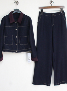 爱茜2025秋季新款时尚套装拼色翻领牛仔上衣+阔腿裤两件套62090-1